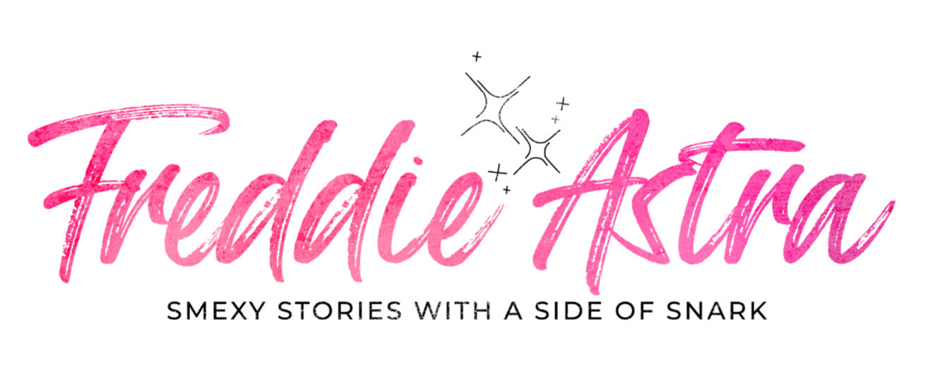 The Freddie Astra logo. The name is written in a vibrant pink, cursive brush font with simple black drawn sparkles above it. Underneath, a black sans-serif tagline reads: "SMEXY STORIES WITH A SIDE OF SNARK".