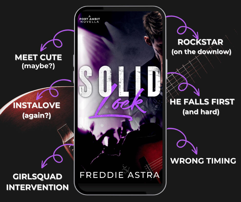 Book Teaser image for "SOLID Lock". A smartphone in front of a guitar shows a concert scene surrounded by romance tropes: Meet Cute (maybe?), Instalove (again?), Girlsquad Intervention, Rockstar (on the downlow), He Falls First (and hard), and Wrong Timing
