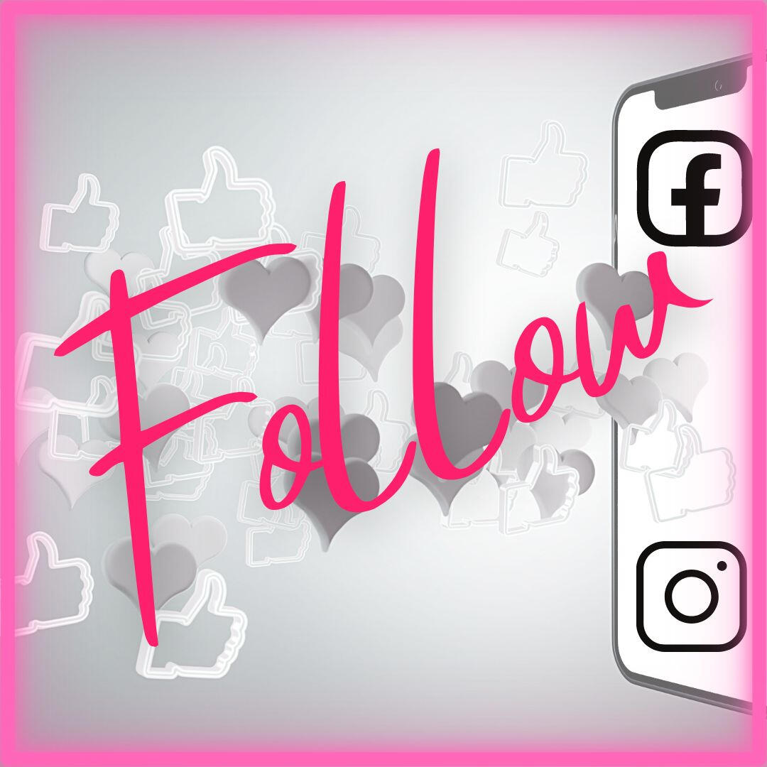 A promotional graphic with a bright pink border. Large, pink cursive text reads "Follow" across the center. In the background, there are scattered 3D grey hearts and white thumbs-up icons. On the right side is an illustration of a smartphone displaying the