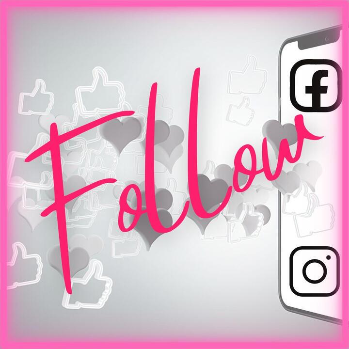 Social Media Follow Graphic A promotional graphic with a bright pink border. Large, pink cursive text reads "Follow" across the center. In the background, there are scattered 3D grey hearts and white thumbs-up icons. On the right side is an illustration of a smartphone displaying the